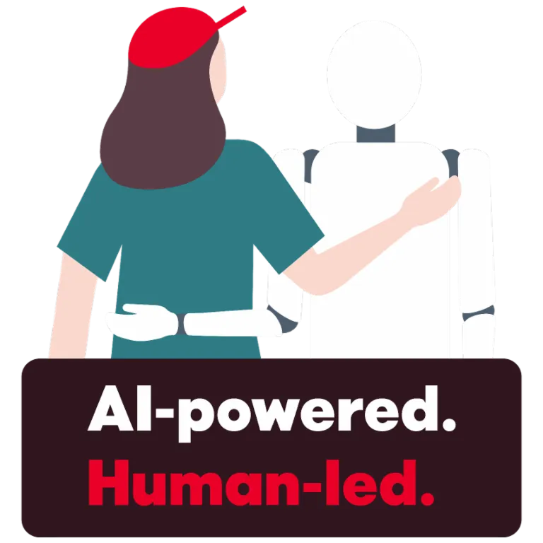 Une illustration montre une personne passant amicalement son bras autour d'un robot. En dessous se trouve le texte "AI-powered. Human-led.", symbolisant la collaboration entre les humains et l'intelligence artificielle.