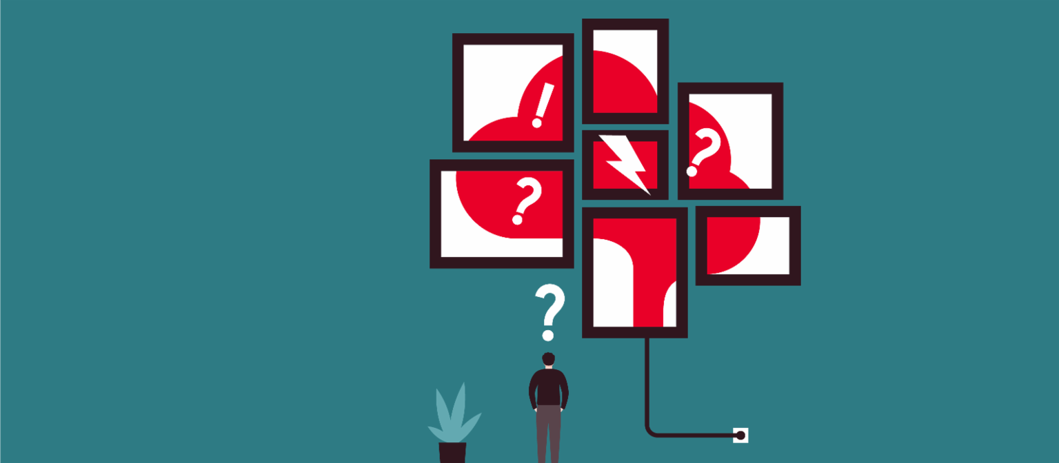 EOS Survey European Payment Practices: The drawing of a man surrounded by question marks and a thunderbolt illustrates that in the face of deteriorating payment practices, companies need to find new approaches to receivables management.