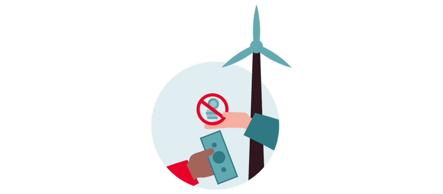 L’infographie 3 montre une éolienne et une pile d’argent barrée qui est échangée contre un billet.