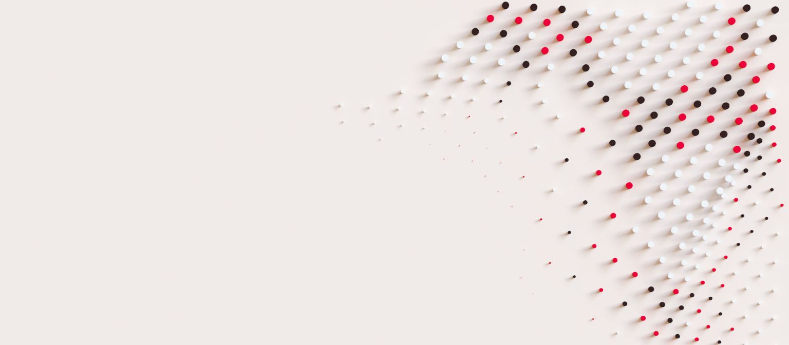 Graphique dynamique avec des points rouges, blancs et noirs symbolisant le mouvement et l'innovation dans la gestion des créances chez EOS