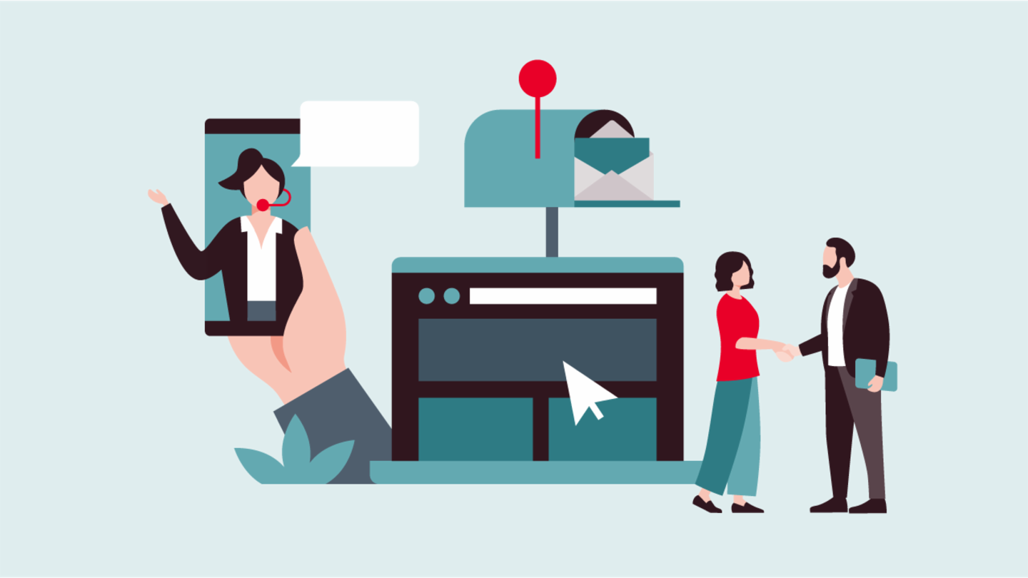 Illustration d'une personne utilisant un smartphone avec des personnes en arrière-plan – assistance pour les questions relatives au courrier reçu