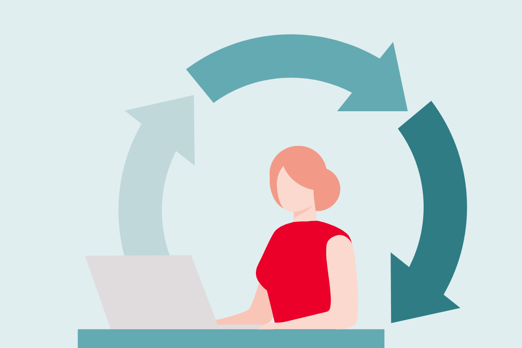 Illustration : une femme travaille sur un ordinateur portable ; un cycle est représenté par des flèches à l’arrière-plan
