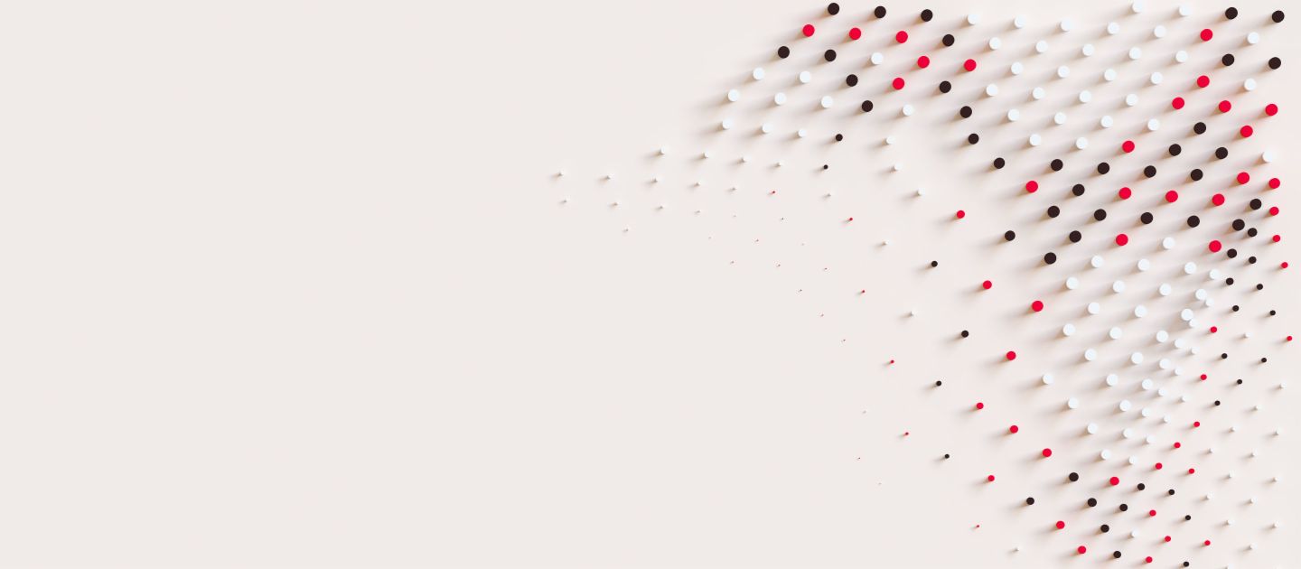 Graphique dynamique avec des points rouges, blancs et noirs symbolisant le mouvement et l'innovation dans la gestion des créances chez EOS